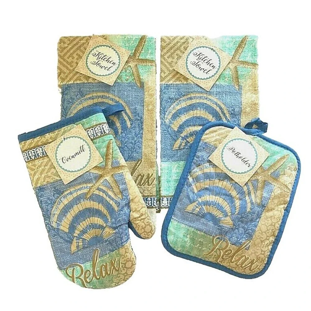 Shells Starfish Kitchen Dish Towels Oven Mitt Potholder Set of 4 Beach Summer